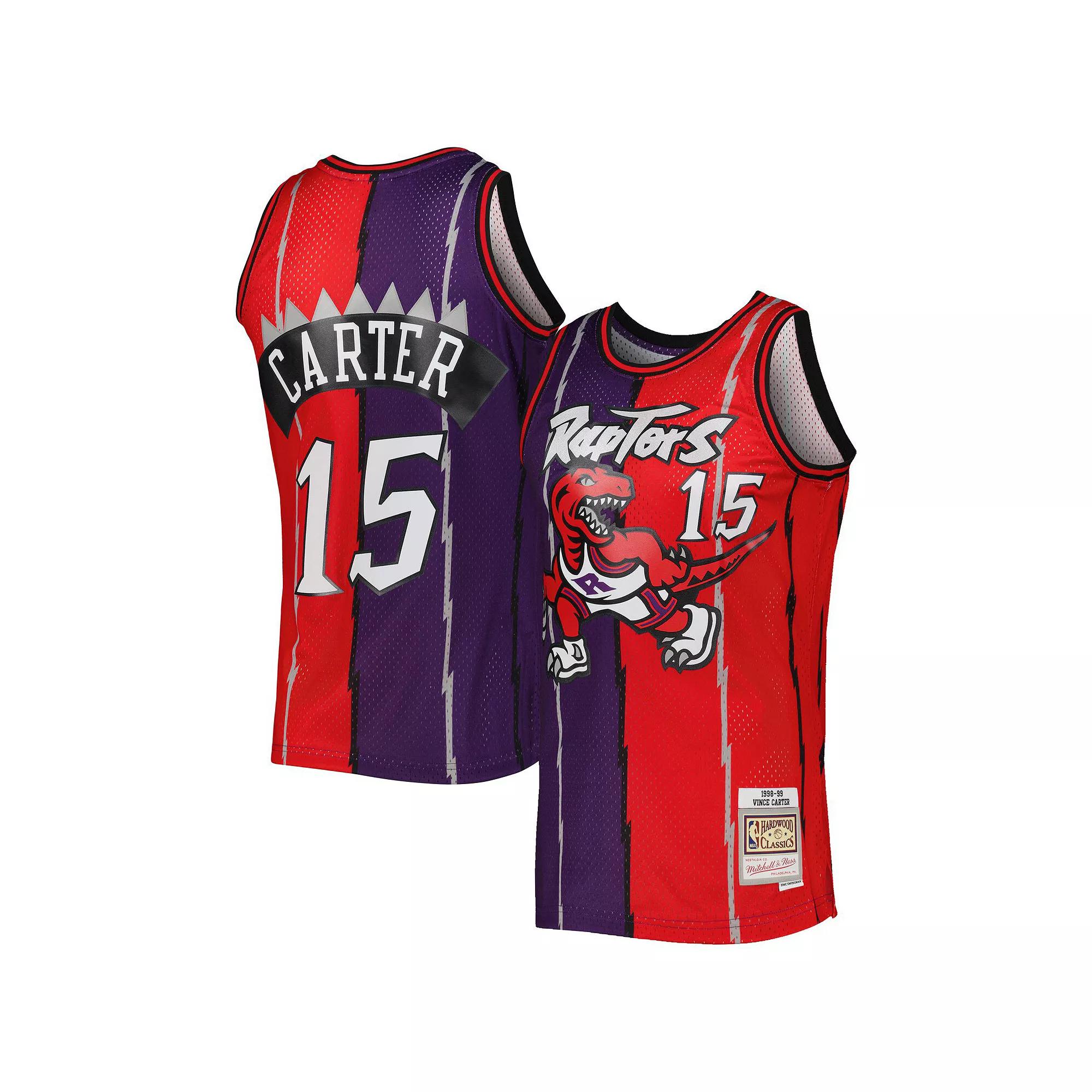 Mens Mitchell & Ness Vince Carter Purple/Red Toronto Raptors Hardwood Classics 1998-99 Split Swingman Jersey Product Image