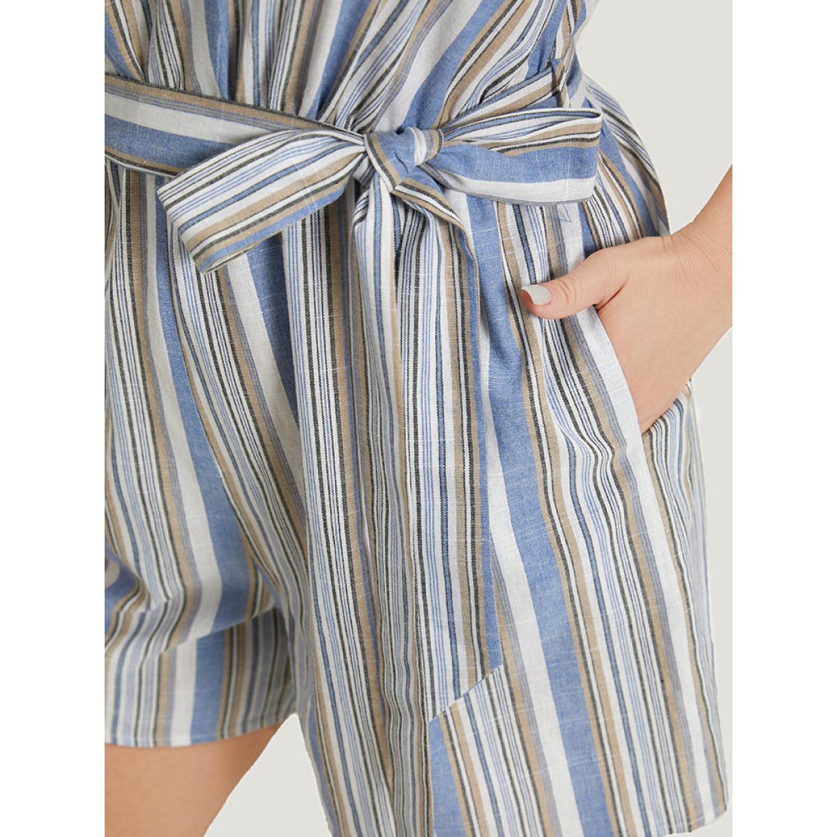 Plus Size Blue Striped Pocket Cut Out Knot Sleeveless Jumpsuit Women Elegant Sleeveless Round Neck Dailywear Loose Jumpsuits BloomChic 14-16/1X Product Image