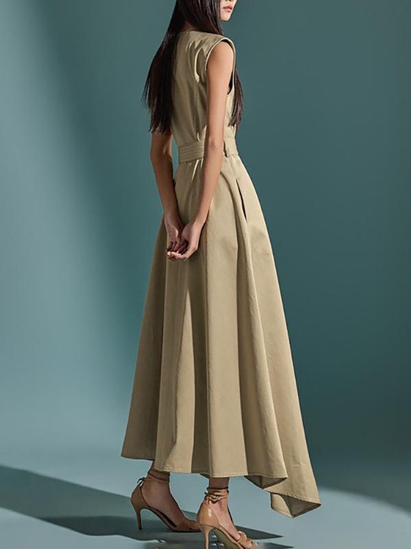A-Line High Waisted Belted Buttoned Pockets Solid Color Round-Neck Maxi Dresses Product Image