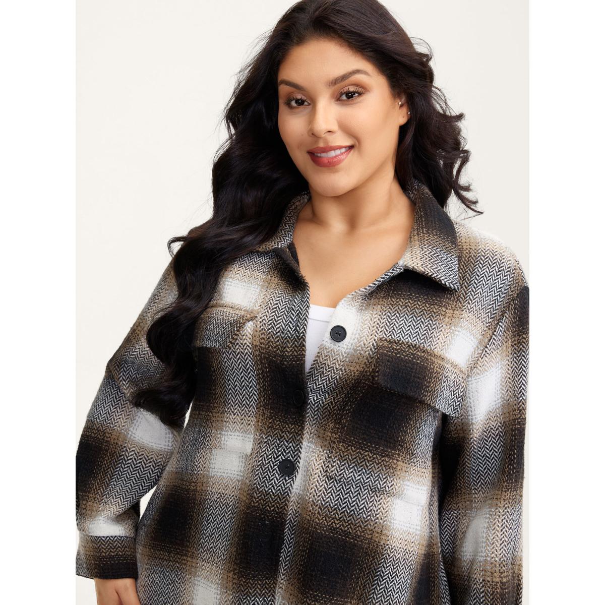 Plus Size Plaid Print Button-Down Jacket Women DarkBrown Patch pocket Casual Jackets BloomChic 12/L Product Image