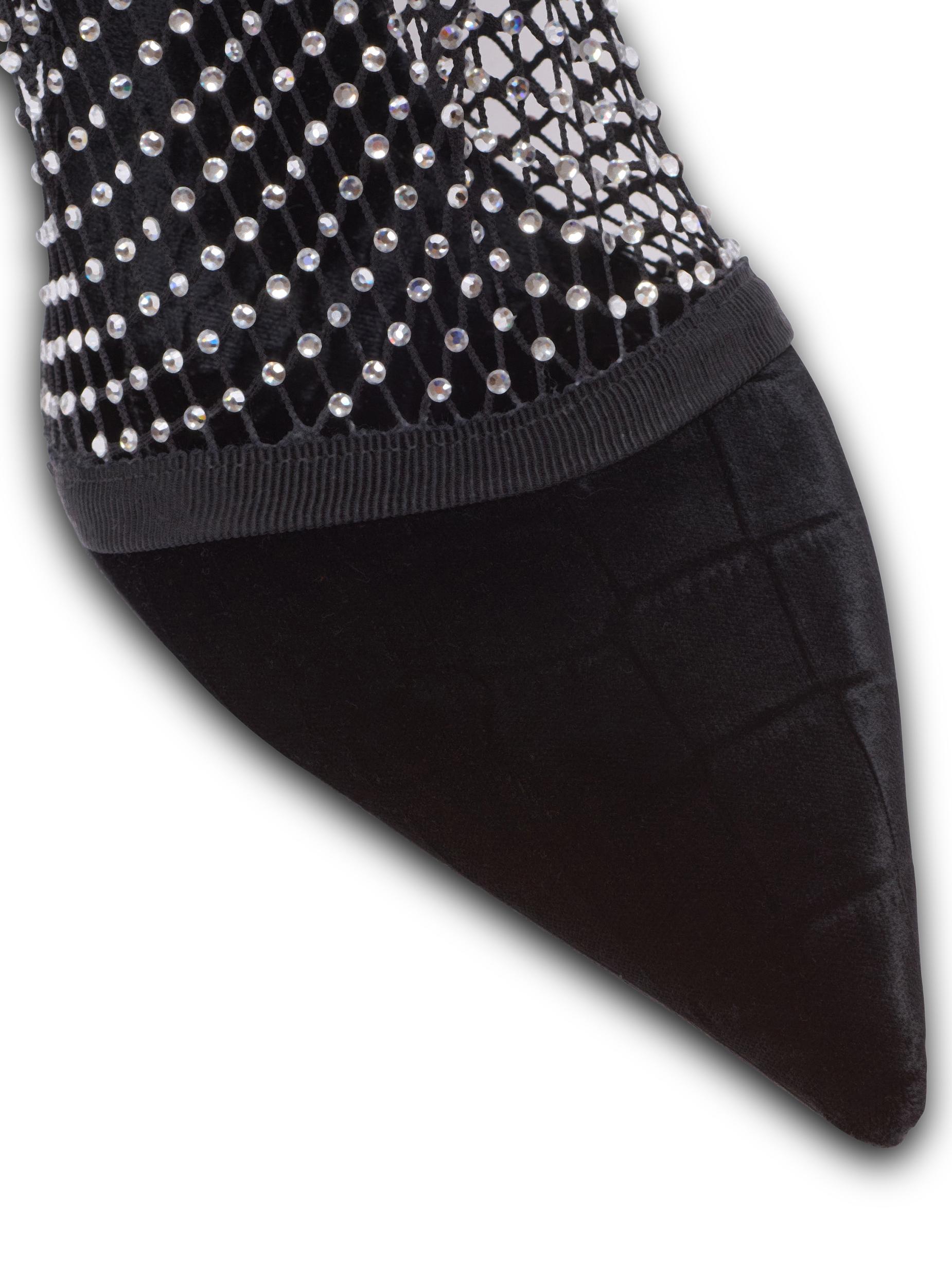 Mesh heeled ankle boots with velvet and rhinestones Product Image