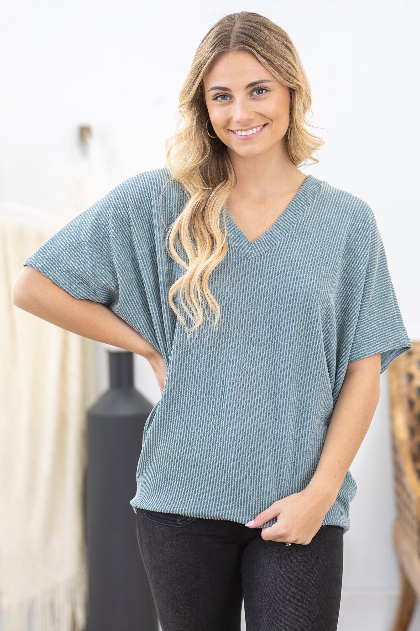 V-Neck Rib Knit Dolman Sleeve Top Product Image
