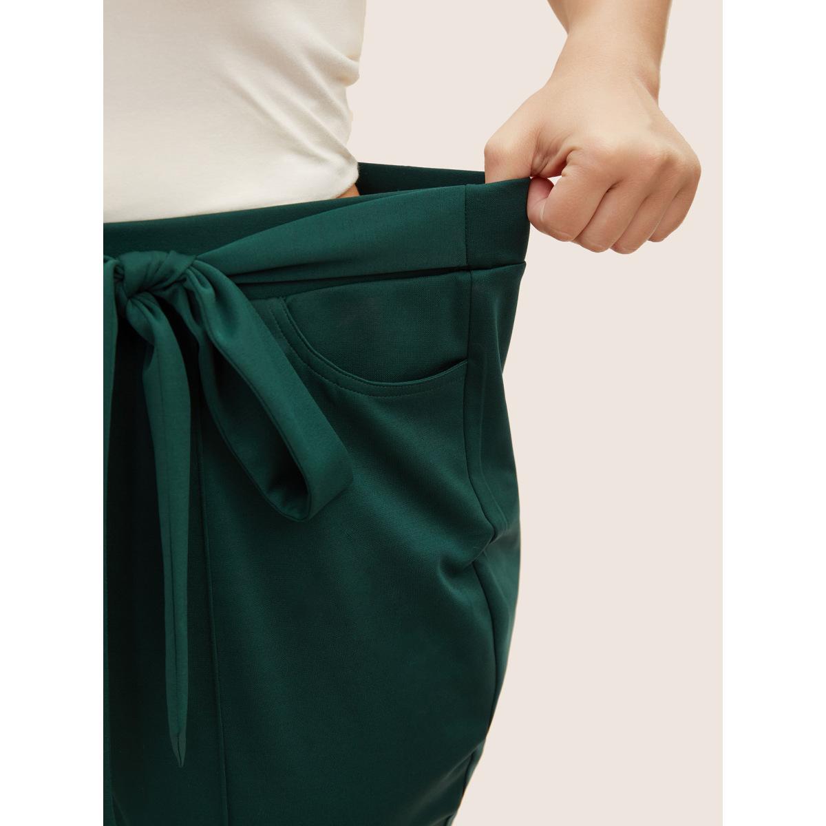 Plus Size Plain Tie Knot Mid Rise Bootcut Pants Women DarkGreen Elegant Bootcut Mid Rise Everyday Pants BloomChic 12/L Product Image