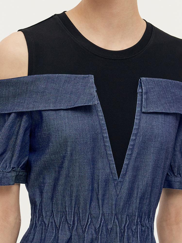 Denim Lyocell Cold Shoulder Patchwork Women Midi Dress Product Image