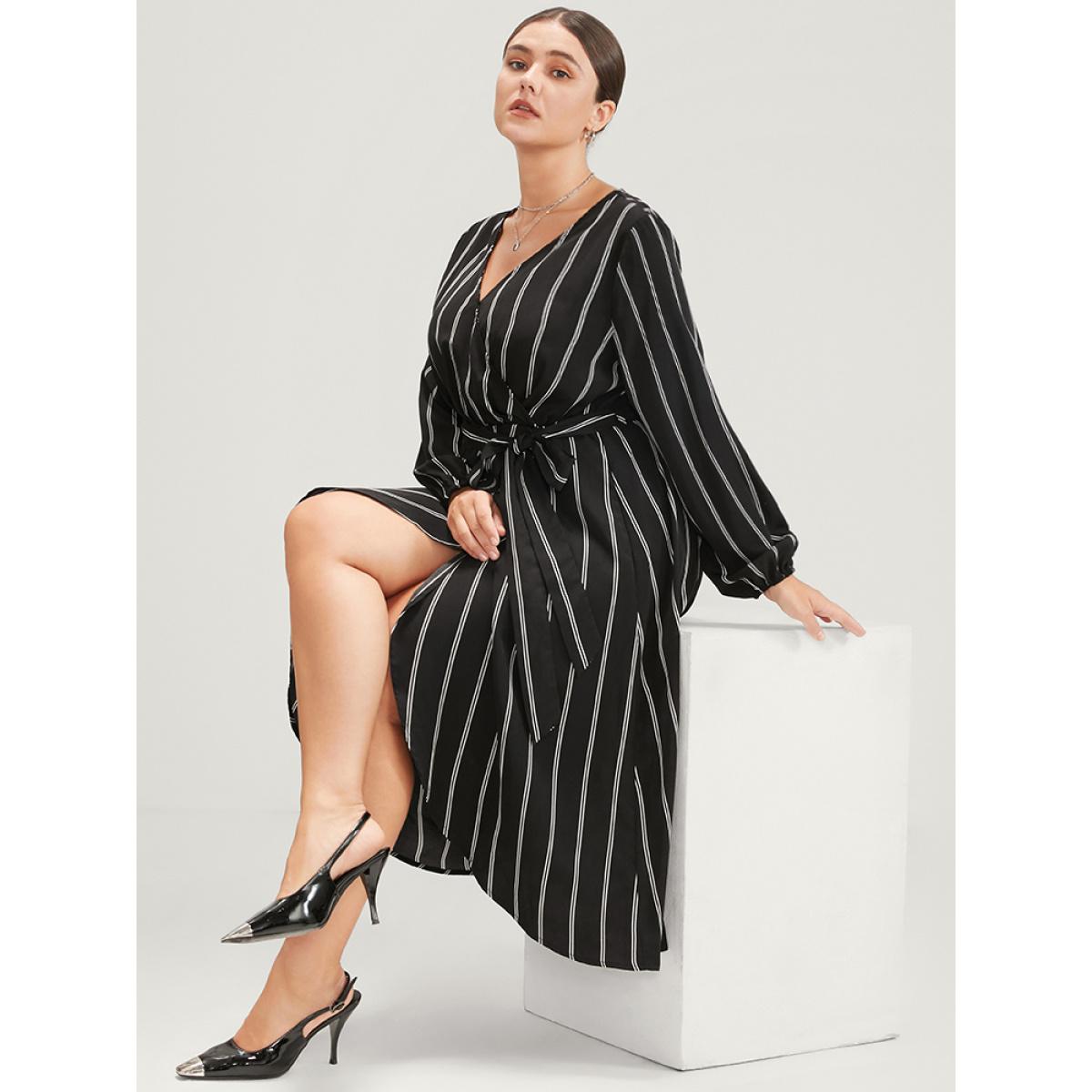Plus Size Striped Lantern Sleeve Pocket Wrap Midi Dress Black Women Office Cross straps V-neck Long Sleeve Curvy Midi Dress BloomChic 14-16/1X Product Image
