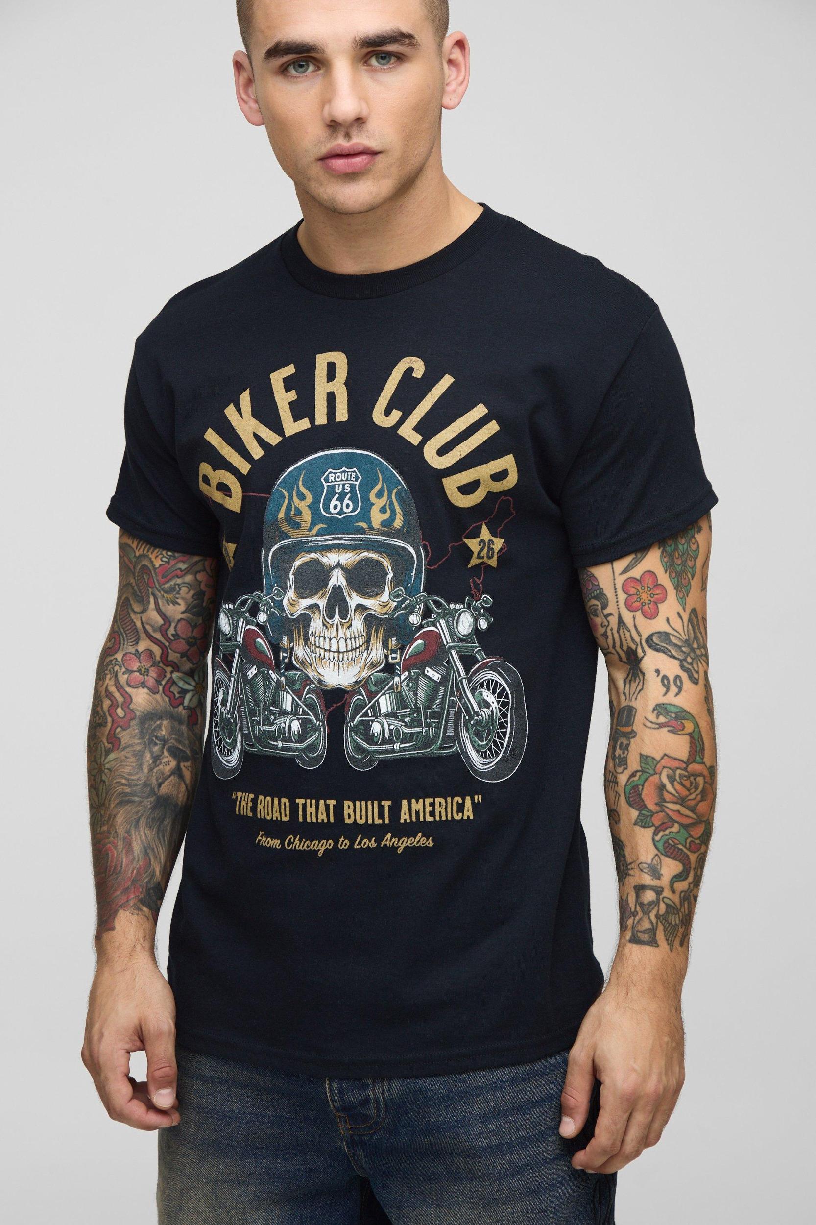 Black Regular Fit Route 66 Biker Club License Printed T-Shirt | boohooMAN USA Product Image