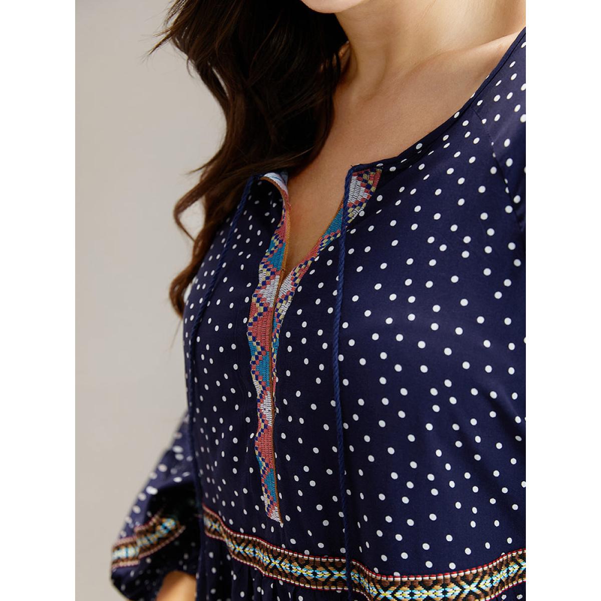 Plus Size Indigo Polka Dot Bandana Trim Ties Blouse Women Resort Long Sleeve Tie Neck Vacation Blouses BloomChic 14-16/1X Product Image