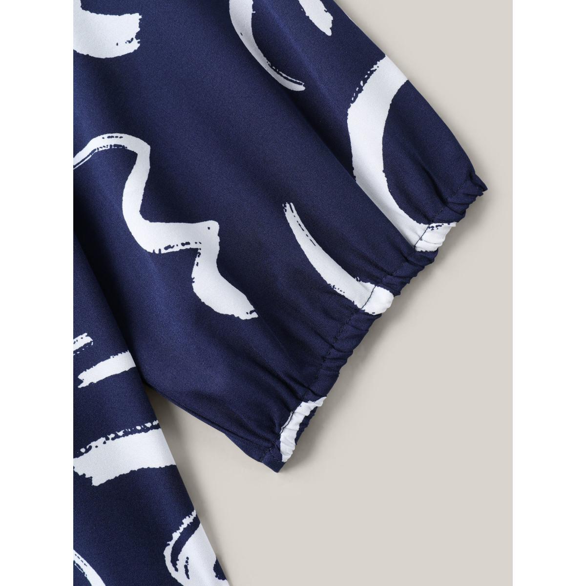 Plus Size Indigo Scribble Print Ruffled Split Neck Blouse Women Office Elbow-length sleeve Notched collar Office Blouses BloomChic 12/L Product Image