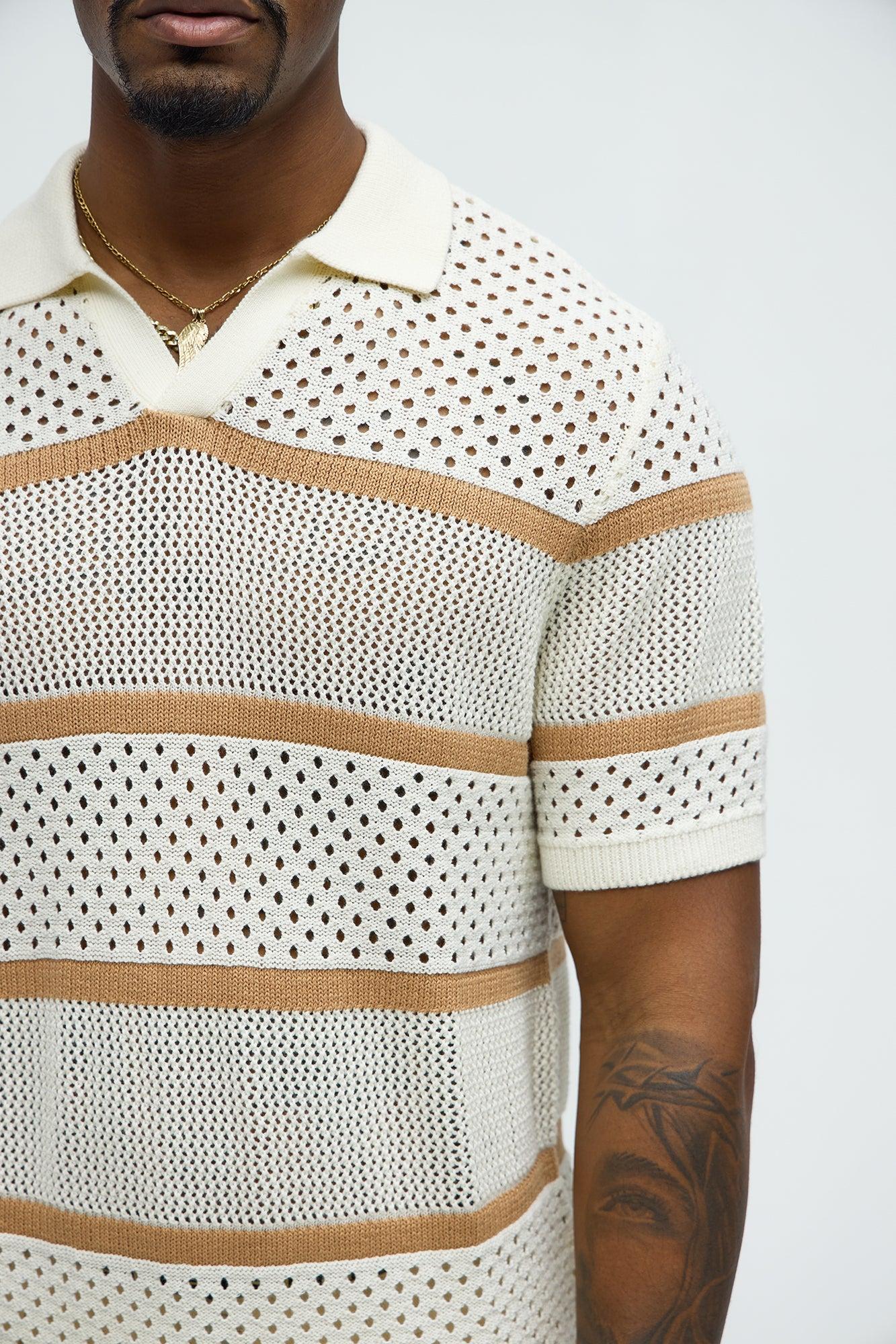 Mixed Texture Knitted Johnny Collar Shirt - Cream/combo Product Image