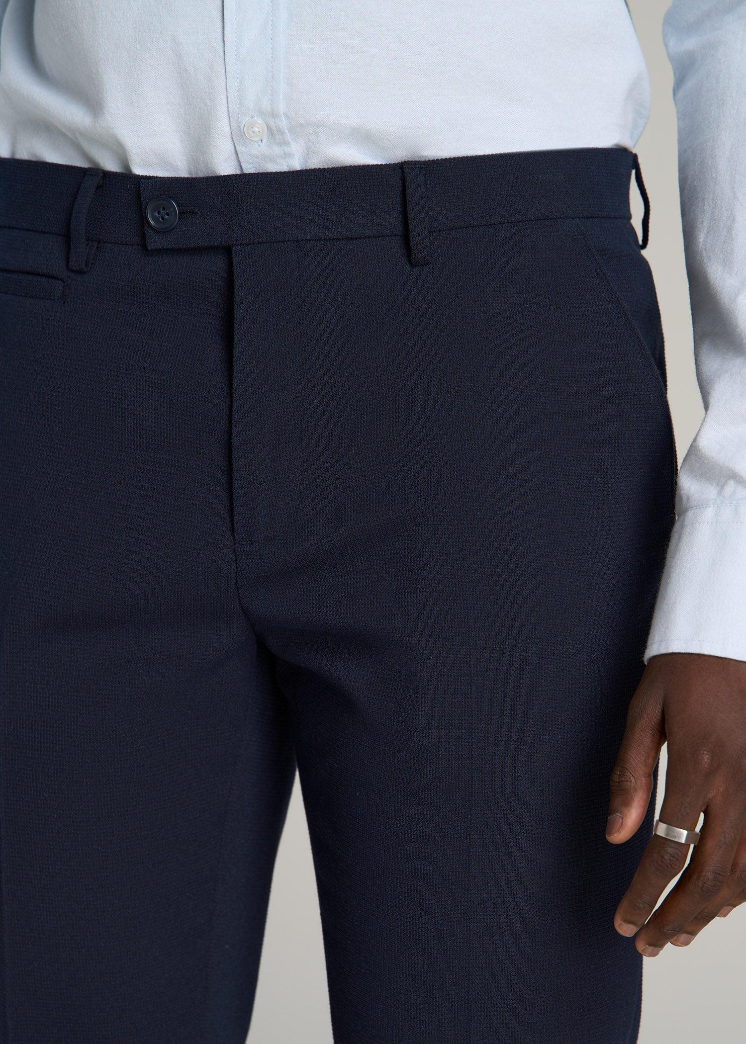 Textured Garment Washed Stretch Cotton Suit Pants for Tall Men in Evening Blue Male Product Image