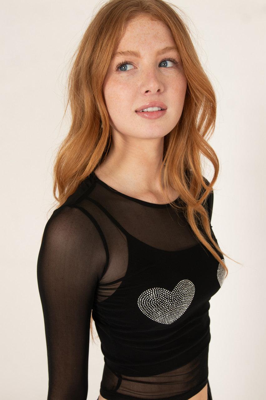 Crystal Hearts Mesh Long Sleeve Top Product Image