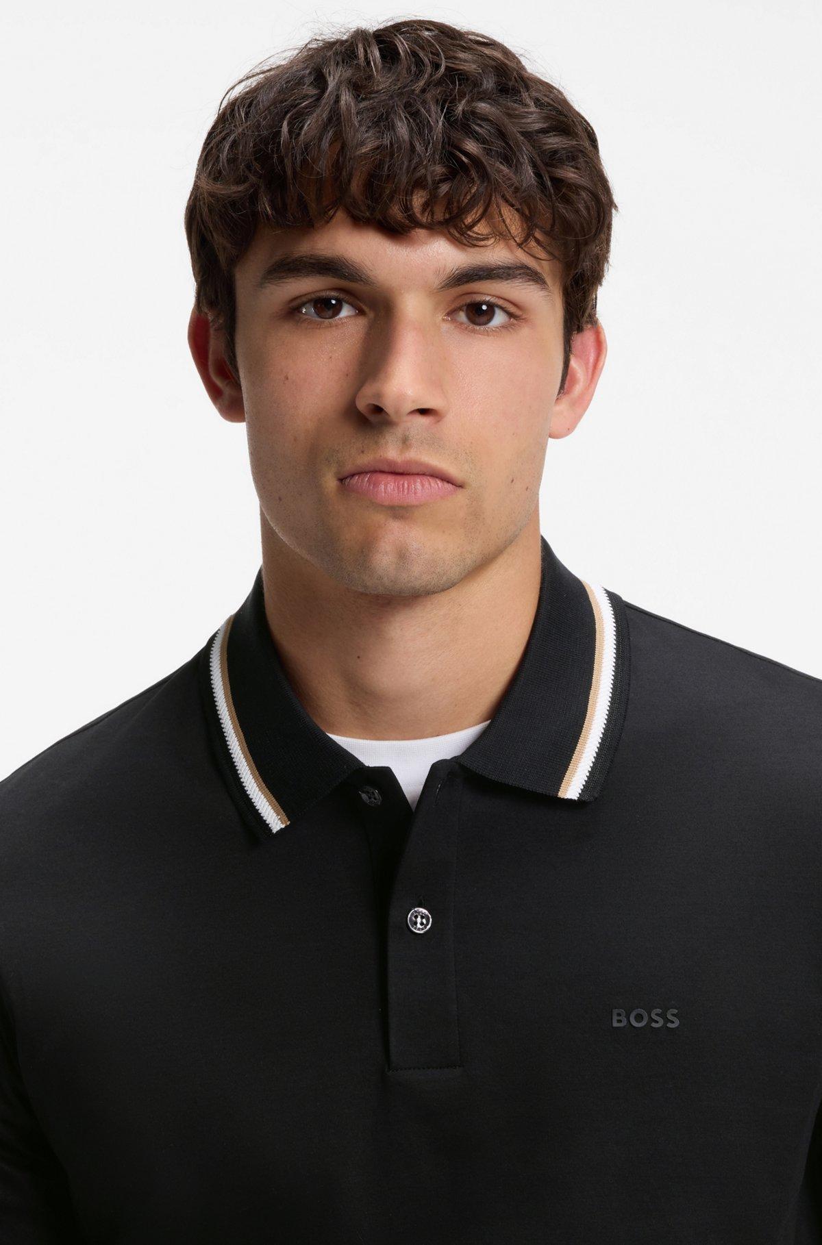 Slim-fit cotton polo shirt with striped collar Product Image