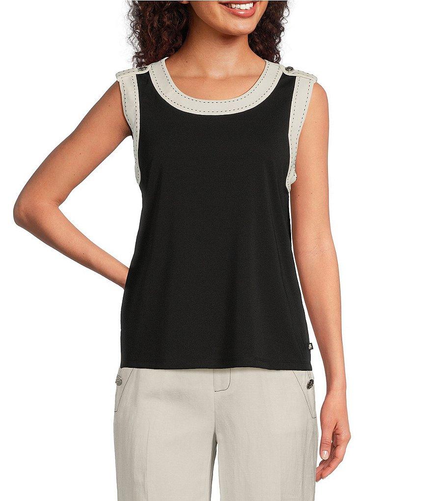 KARL LAGERFELD PARIS Knit Jersey Round Neck Sleeveless Contrast Trim Top Product Image