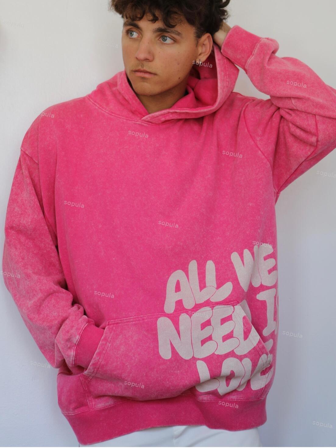 All We Need Is Love Print Pink Washed Hoodie Product Image