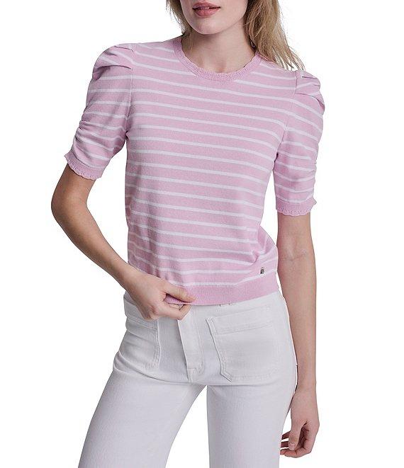 DKNY Jeans By Donna Karan Cotton Blend Stripe Crew Neck Elbow Length Puff Sleeve Scallop Trim Top Product Image