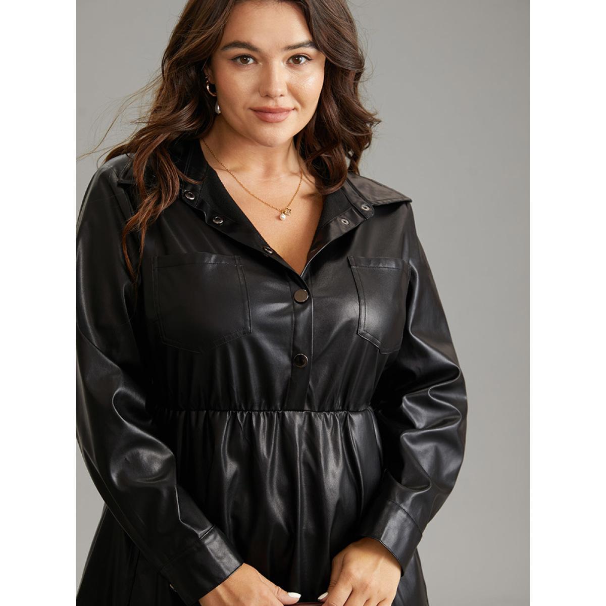 Plus Size PU Leather Elastic Waist Button Up Dress Black Women Office Plain Shirt collar Long Sleeve Curvy Midi Dress BloomChic 10/M Product Image