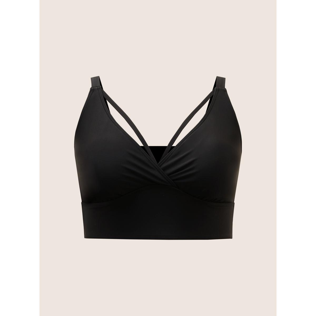 Plus Size Solid Cut Out Adjustable Straps Swim Top Women's Swimwear Black Beach Non High stretch Skinny Overlap Collar Curve Swim Tops BloomChic 22-24/3X Product Image