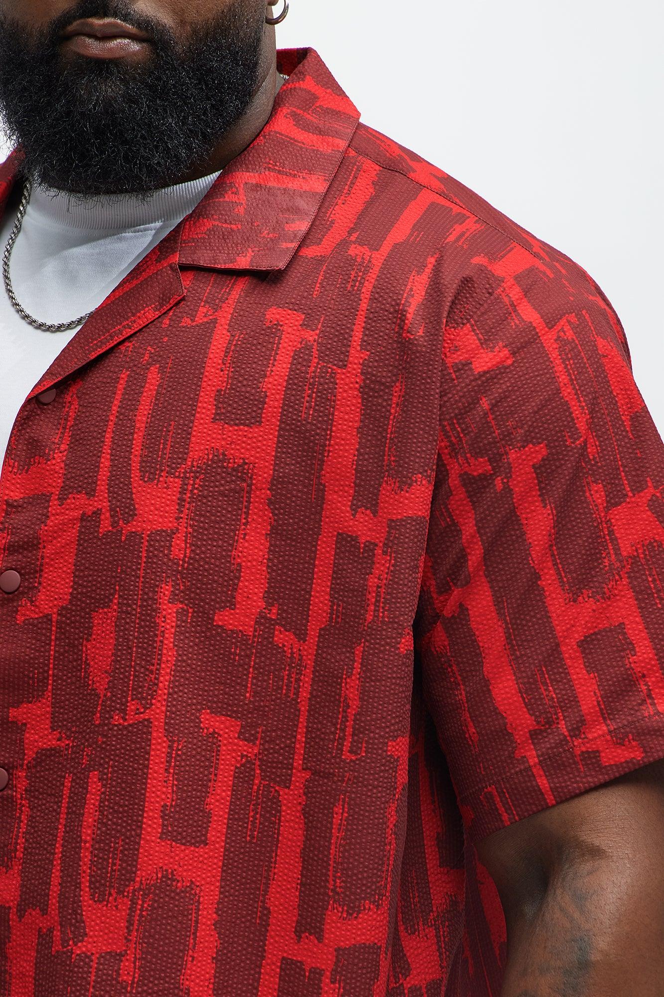 Seersucker Printed Short Sleeve Cuban Collar Shirt - Red/combo Product Image