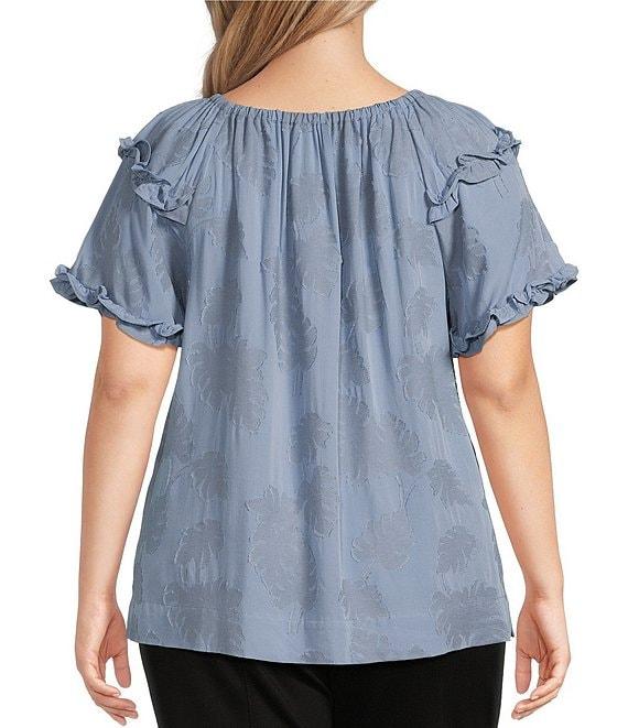 Slim Factor By Investments Plus Size Heidi Palm Jacquard Elastic Crew Neckline Short Sleeve Top Product Image