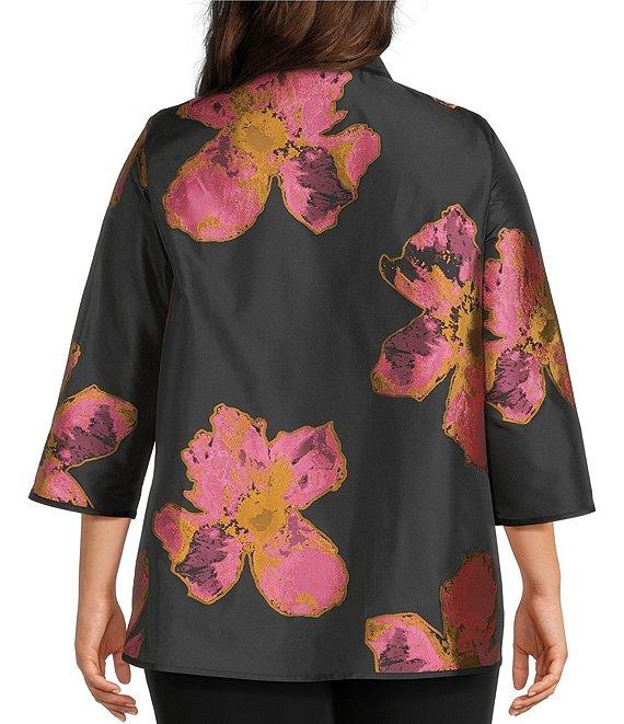 Caroline Rose Plus Pink Petal Print Devore Spread Collar Bracelet Sleeve Open-Front Statement Jacket Product Image