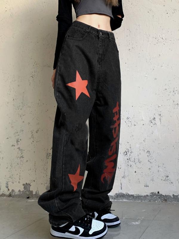 Contrast Color Print High Waist Boyfriend Jeans Product Image