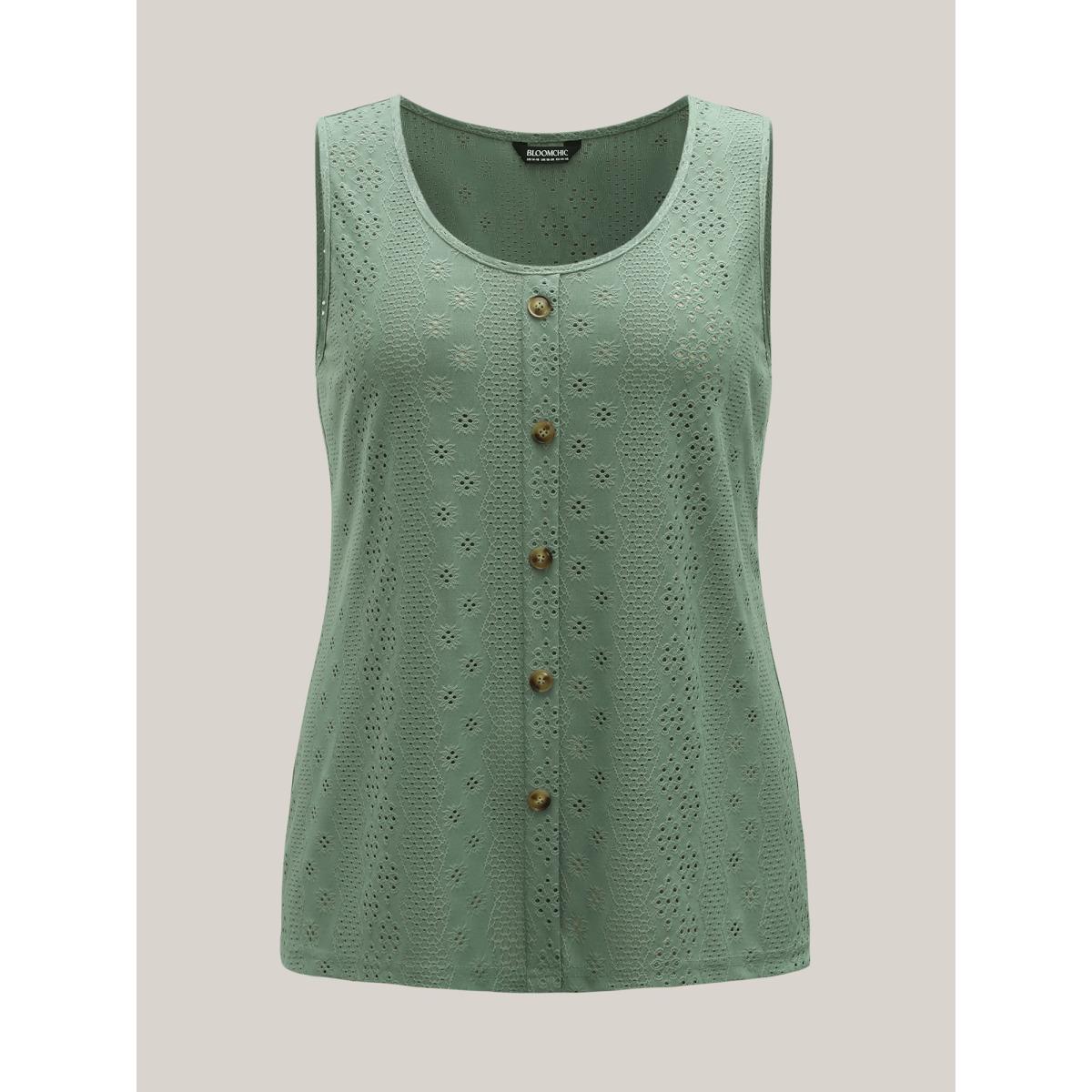 Plus Size Cut-Out Textured Button Detail Tank Top Women Greenbean Leisure Texture Round Neck Casual Tank Tops Camis BloomChic 28/5X Product Image