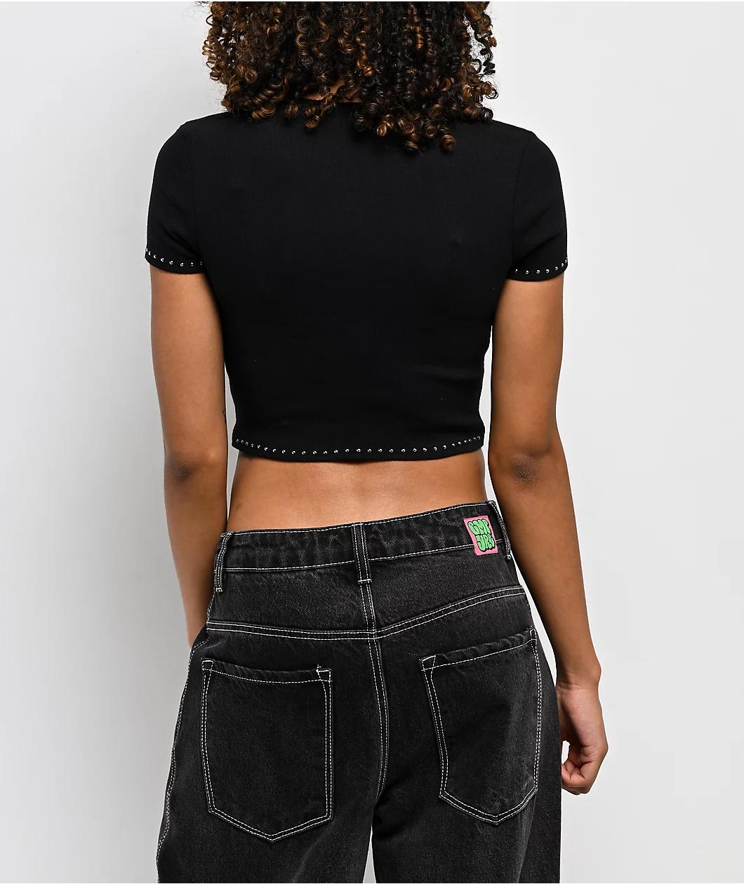 Ninth Hall Shawnie Cross Cutout Black Fitted Crop T-Shirt Product Image