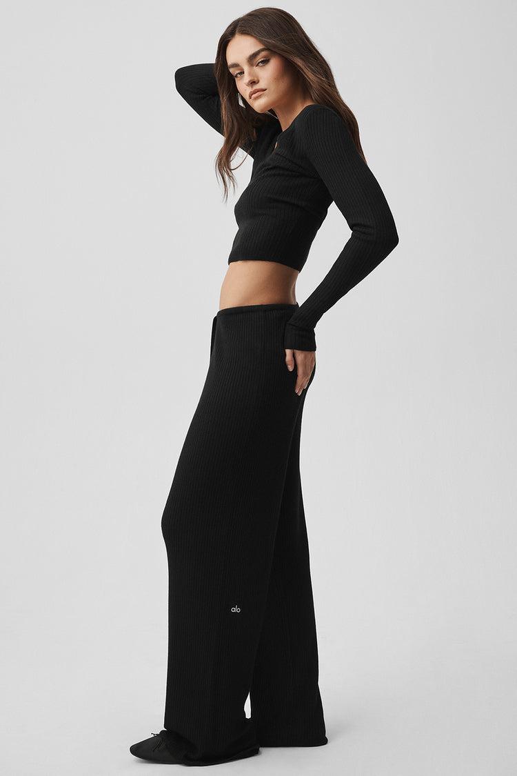 Sweater Knit Mid-Rise Unwind Wide Leg Pant - Black Product Image