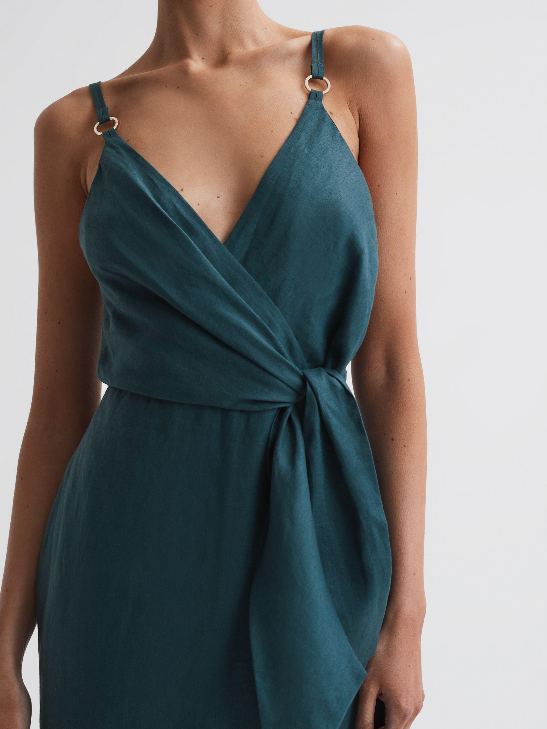 Linen Side Tie Midi Dress in Dark Teal Product Image