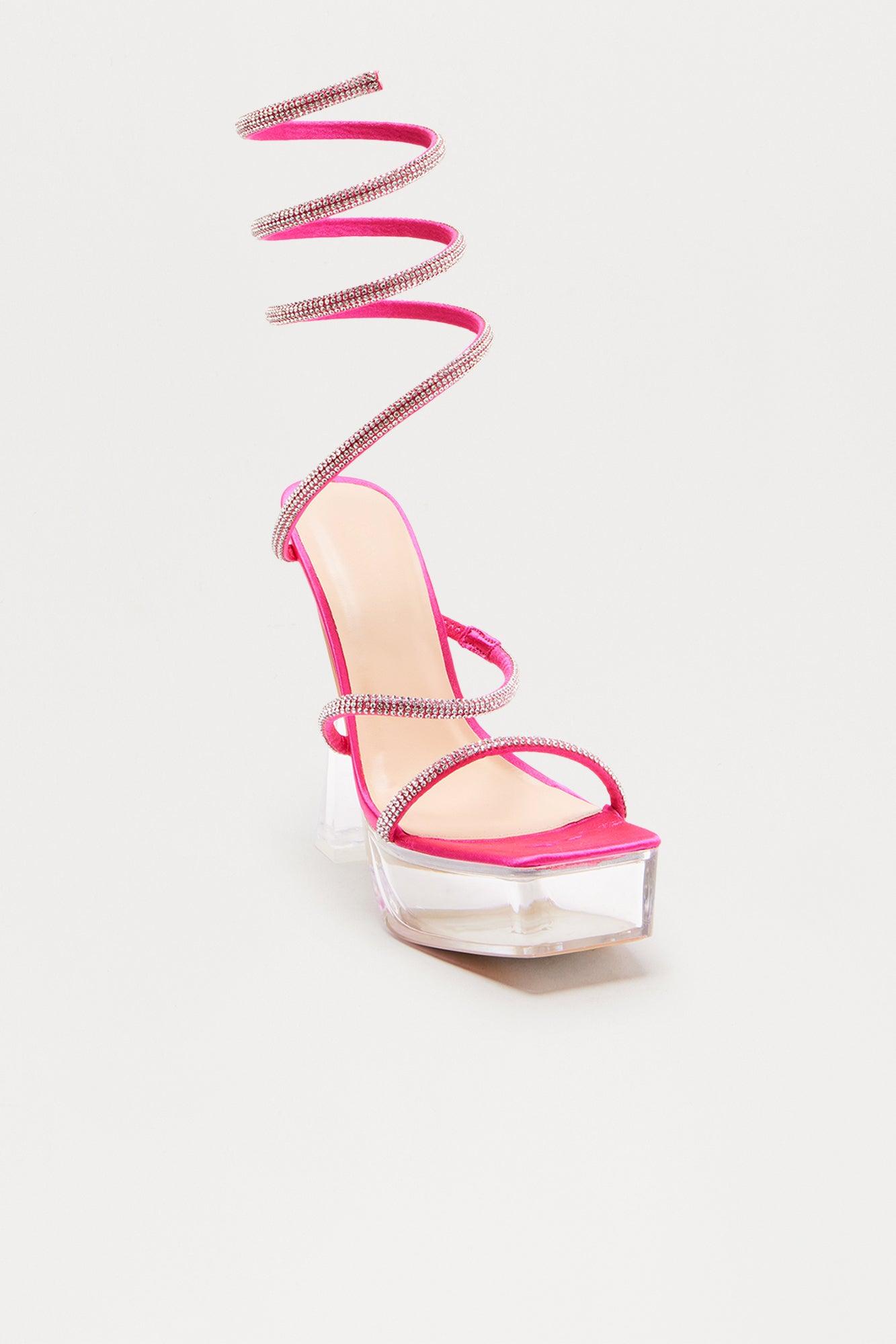 Shay Rhinestone Clear Platform Heels - Hot Pink Product Image