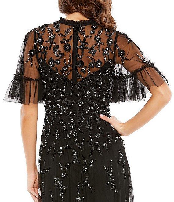 Mac Duggal Ruffled Floral Beaded Illusion Mock Neck Short Flutter Sleeve Gown Product Image