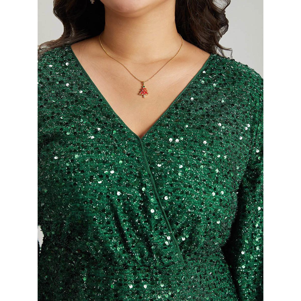 Plus Size Sequin Overlap Collar Elastic Waist Knee Dress DarkGreen Women Cocktail Wrap Overlap Collar Elbow-length sleeve Curvy Knee Dress BloomChic 22-24/3X Product Image