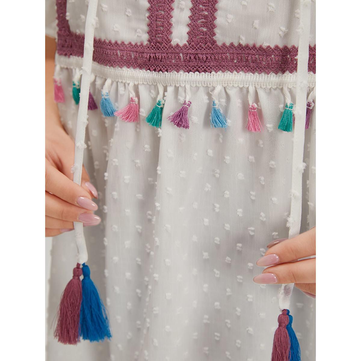 Plus Size White Polka Dot Tassels Ties Mesh Patchwork Contrast Blouse Women Vacation Short sleeve V-neck Dailywear Blouses BloomChic 10/M Product Image