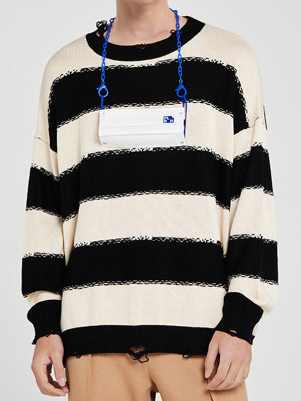 Men's Stripe Tattered Baggy Sweater Product Image
