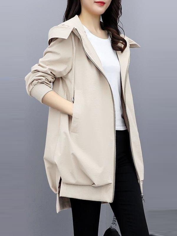 Casual Loose 4 Colors Pleated Zipper Hooded Long Sleeves Outwear Product Image
