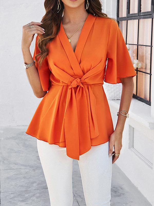 Flared Sleeves Half Sleeves Solid Color Tied V-Neck Blouses&Shirts Tops Product Image