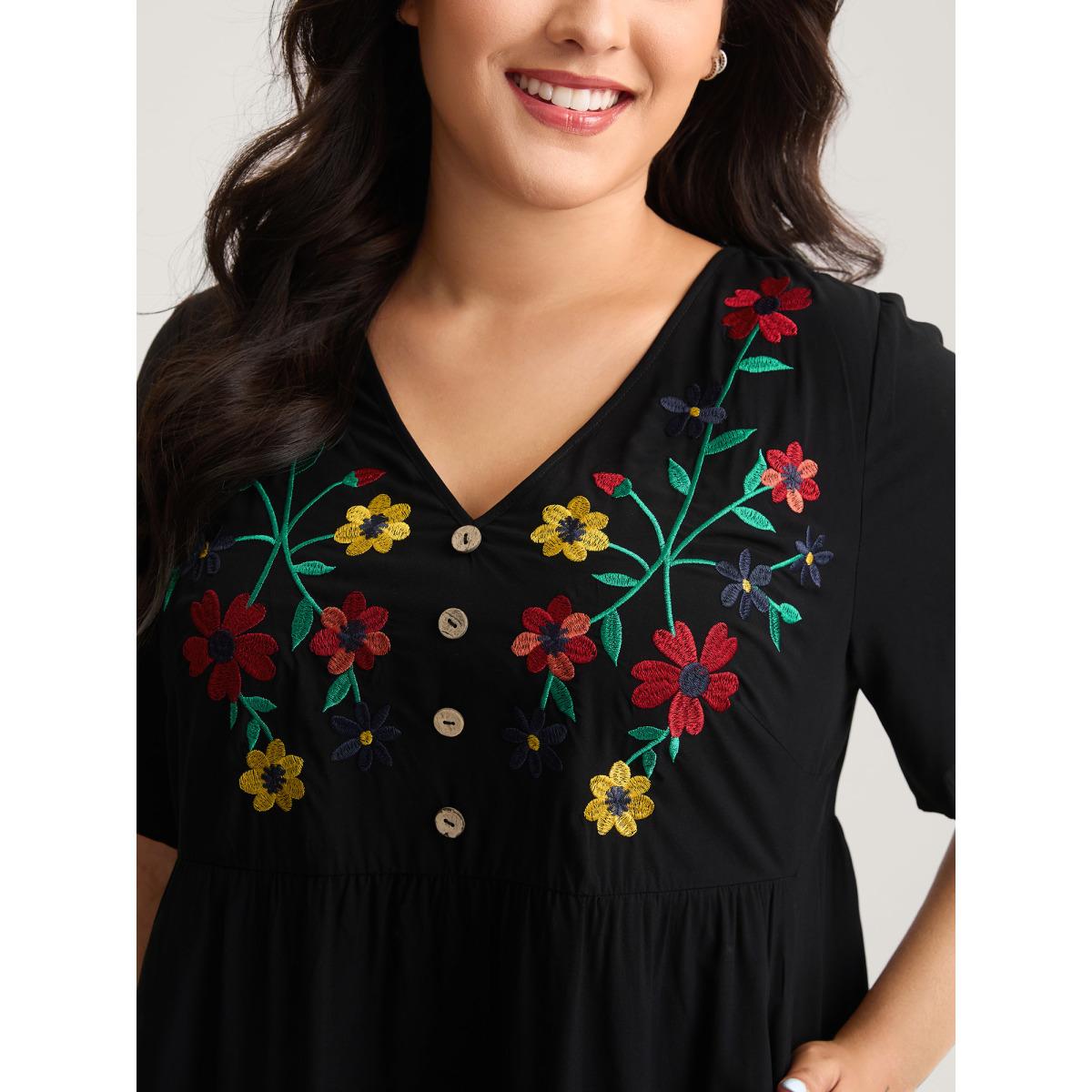 Plus Size Rayon Floral Embroidery Midi Dress Black Women Leisure V-neck Half Sleeve Curvy BloomChic 22-24/3X Product Image