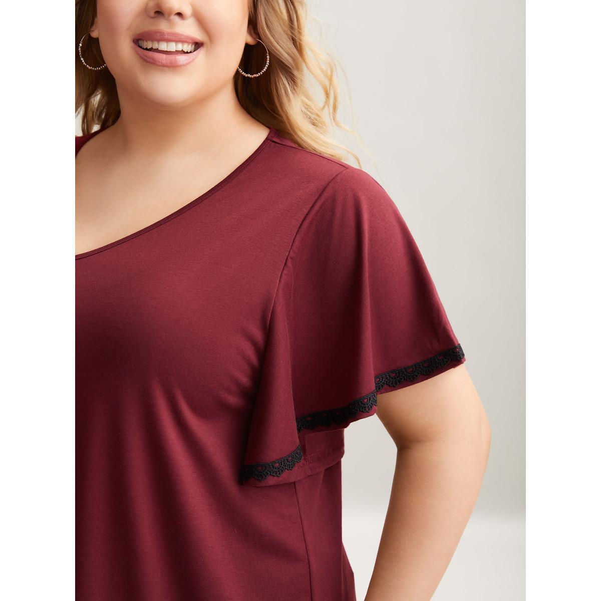 Plus Size Stretchy Color Contrast Flutter Sleeve T-Shirt Scarlet Women Elegant Woven ribbon&lace trim V-neck Everyday T-shirts BloomChic 14-16/1X Product Image