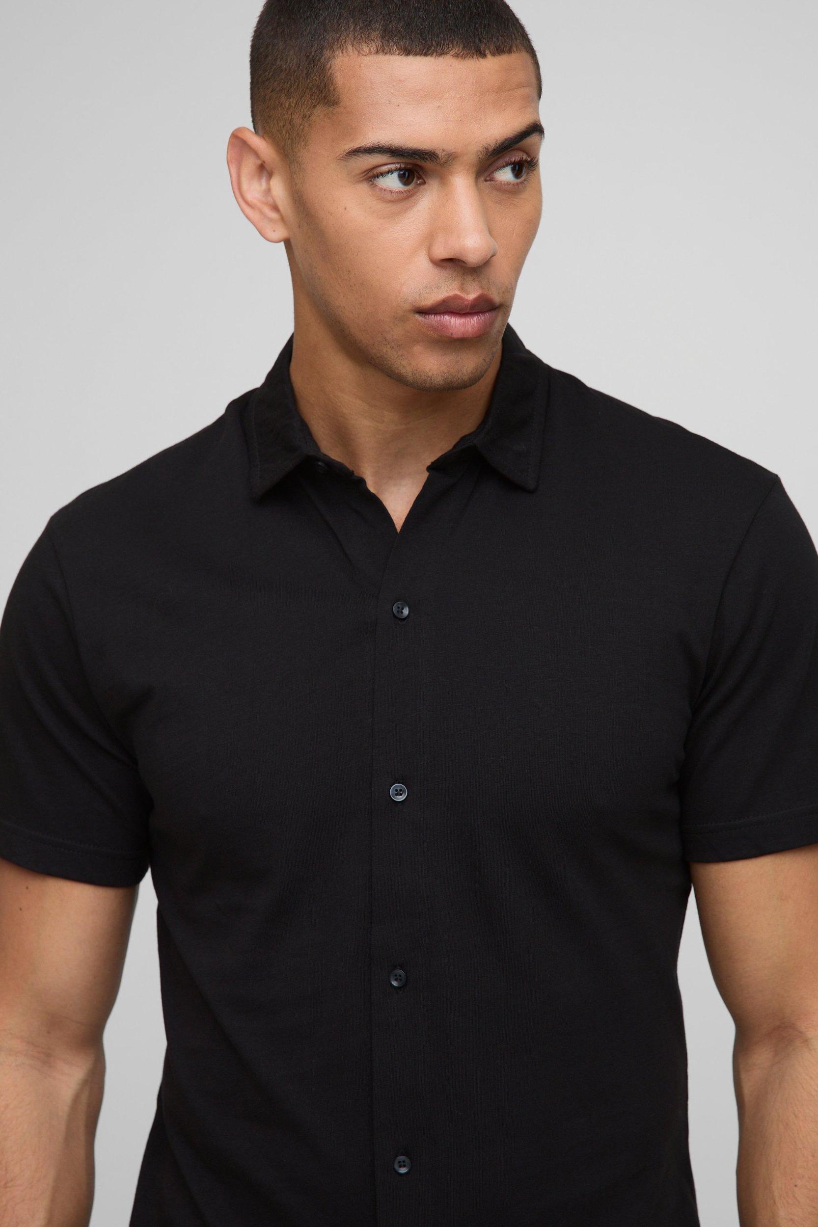 Slim Fit Jersey Short Sleeve Revere Shirt | boohooMAN USA Product Image