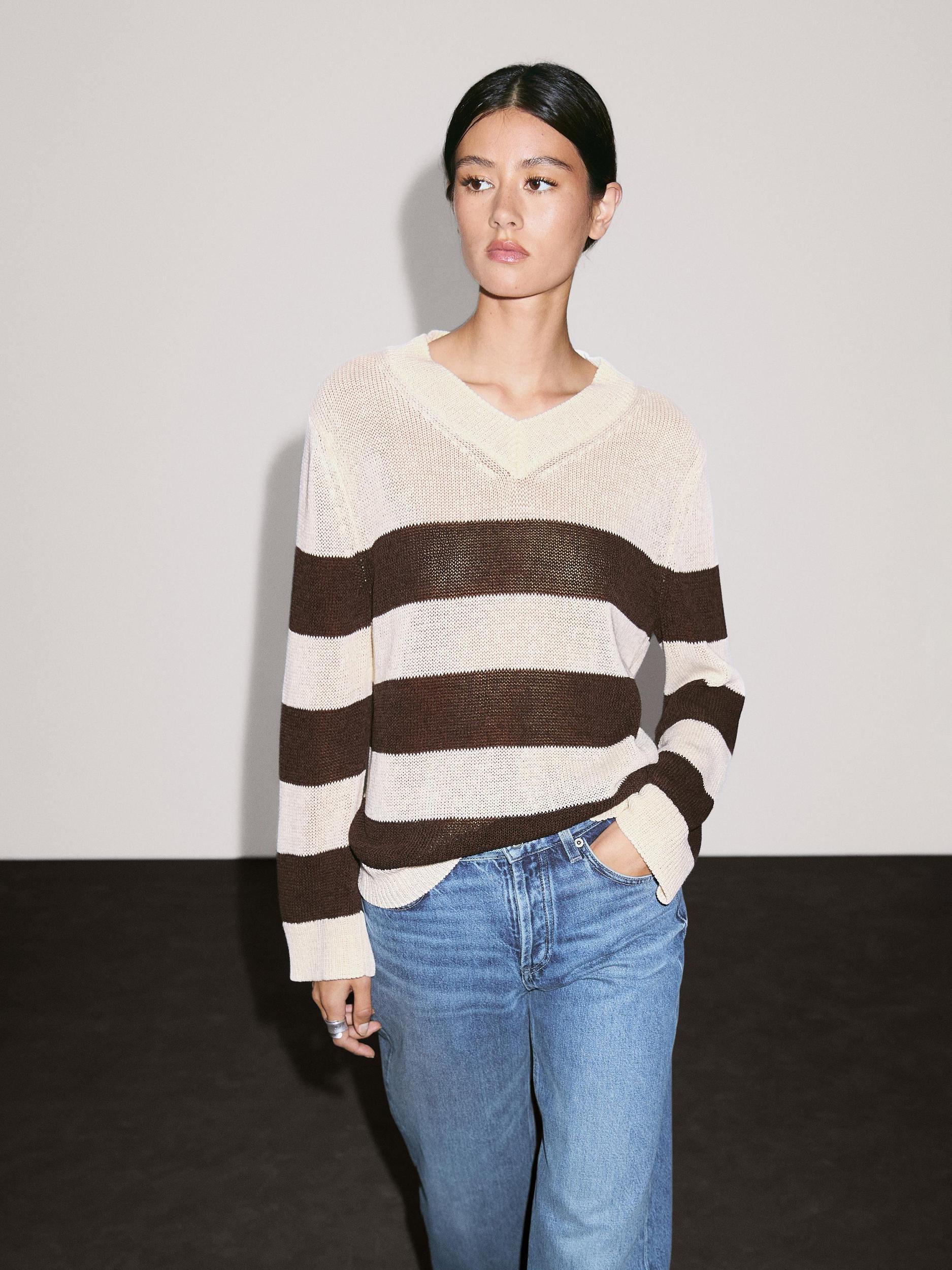 Striped cotton blend knit sweater Product Image