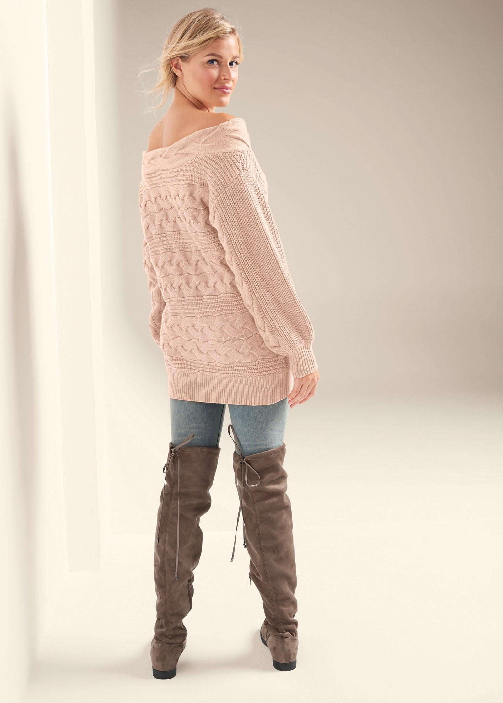 Boatneck Cable Knit Sweater - Peach Product Image