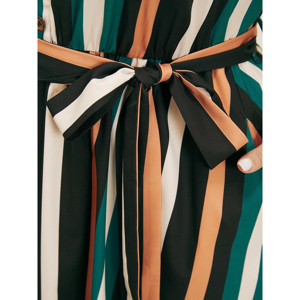 Plus Size Striped Contrast Button Detail Belt Pocket Notched Dress Multicolor Women Office Belted Notched collar Short sleeve Curvy Midi Dress BloomChic 28/5X Product Image