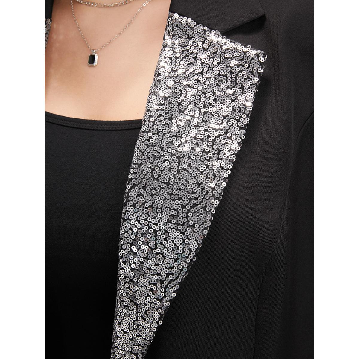 Plus Size Contrast Sequin Suit Collar Flap Pocket Blazer Black Women Going out Plain Patchwork Sleeve Long Sleeve Suit Collar 30/6X Pocket Party Blazers BloomChic Product Image