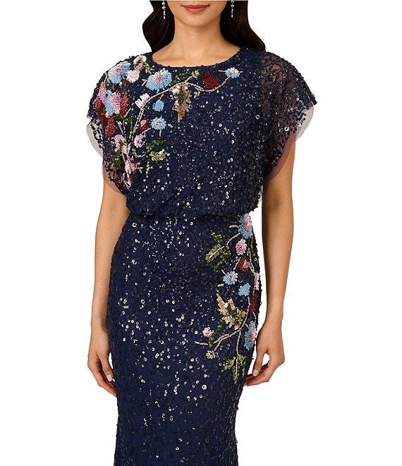 Adrianna Papell Beaded Sequin Mesh Floral Mermaid Boat Neck Short Dolman Sleeve Gown Product Image