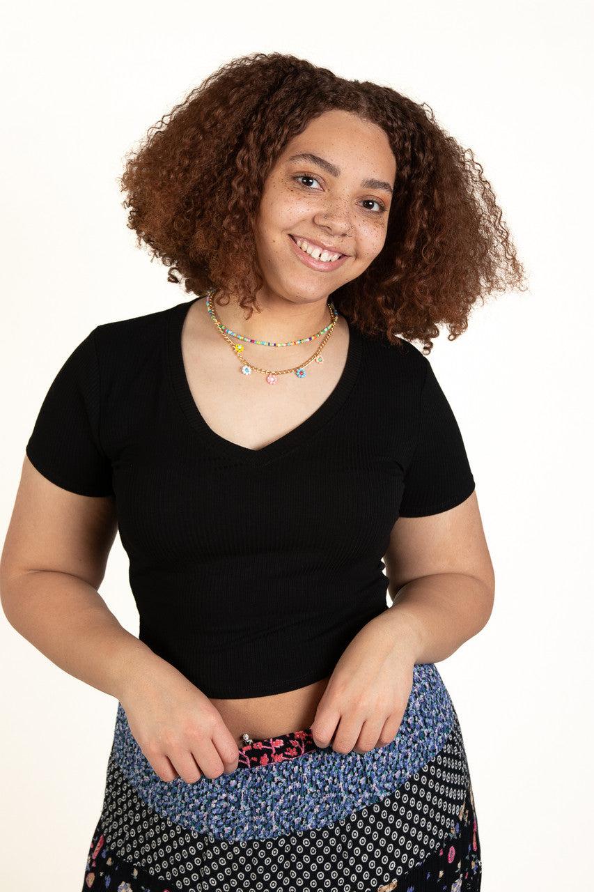 Extended Sizes Black Ribbed V Neck Crop Tee Product Image