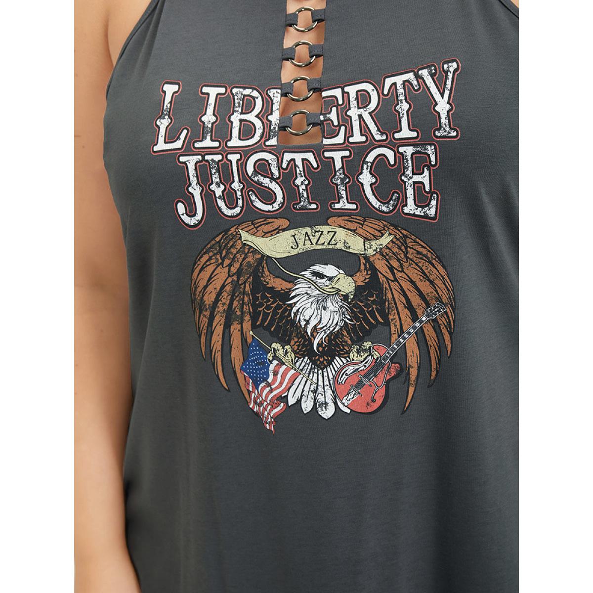 Plus Size Eagle & Letter Print Halter Metal Detail Cut Out Cami Top Women DimGray Casual Arc Hem Dailywear Tank Tops Camis BloomChic 14-16/1X Product Image