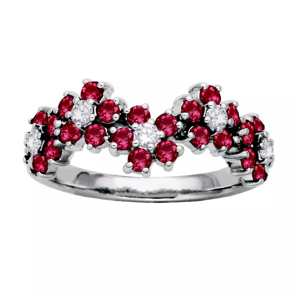 Sterling Silver Lab-Created Ruby & Lab-Created White Sapphire Flower Ring, Women's, Size: 9 Product Image