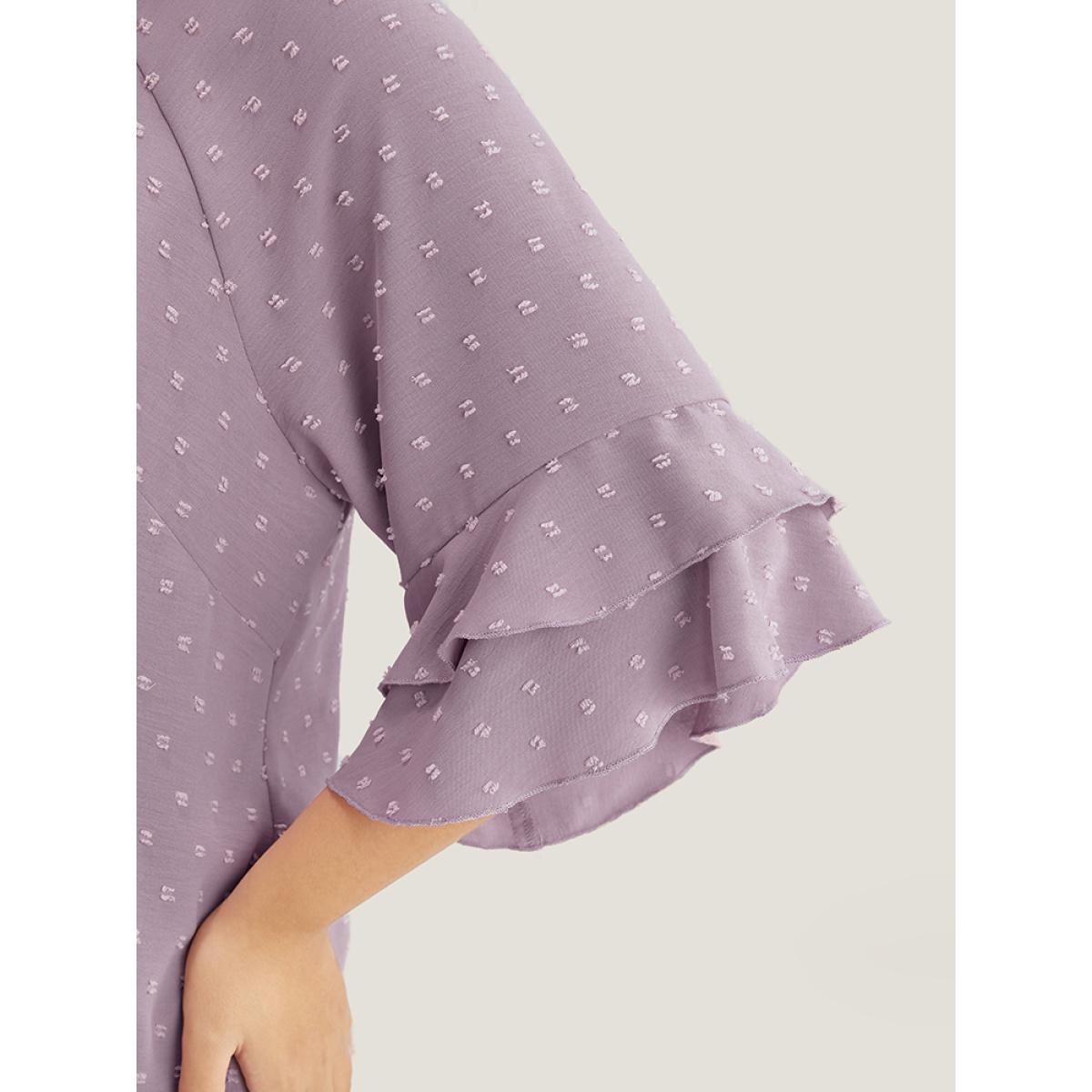Plus Size Mauve Polka Dot Round Neck Ruffle Sleeve Blouse Women Casual Elbow-length sleeve Round Neck Dailywear Blouses BloomChic 12/L Product Image