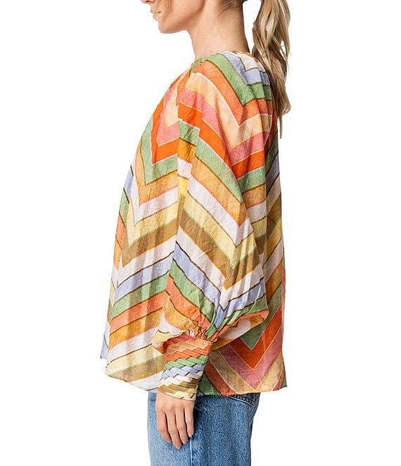 CIEBON Rileigh Chevron Stripe Print Round Neck Long Sleeve Blouse Product Image