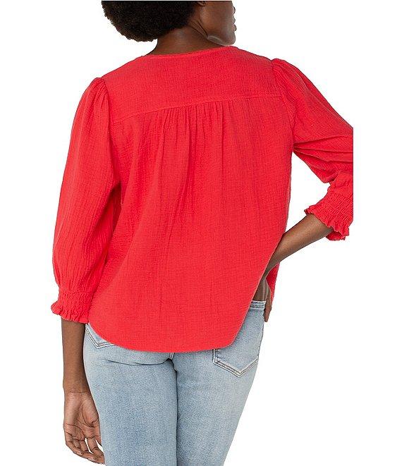 Liverpool Los Angeles Woven V-Neck 3/4 Sleeves Embroidered Blouse Product Image